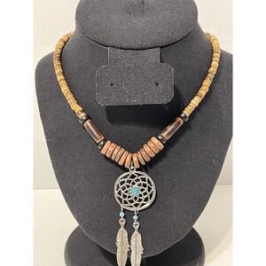 Wood Beaded Silver Tone‎ Dream Catcher Necklace 18 Inches